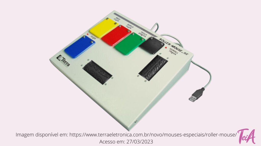 Substitui o mouse através de dois roletes para controle dos movimentos direcionais do cursor. Possui teclas para clique simples ou duplo e chave do tipo liga/desliga para a função arrastar.