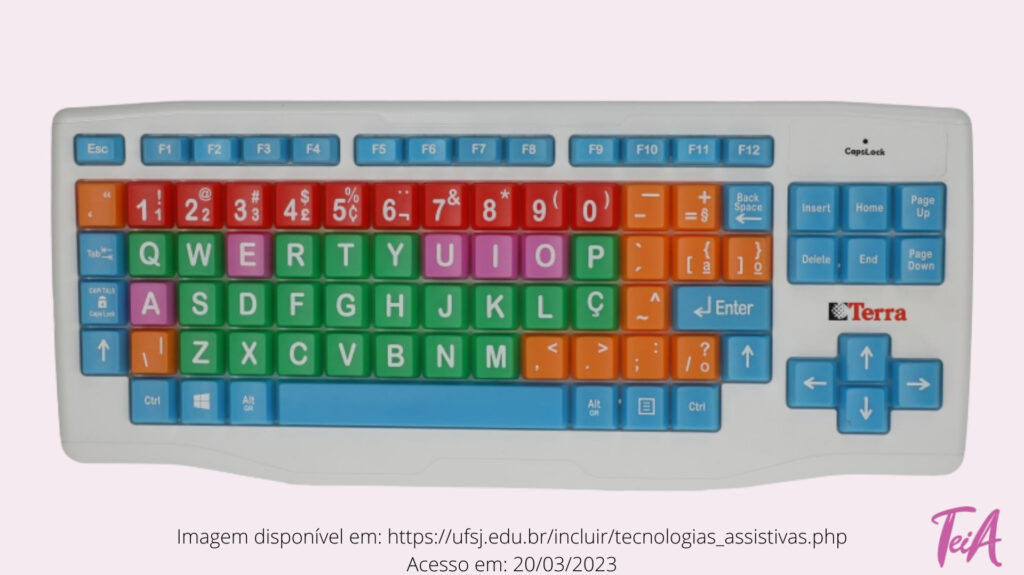 Teclado colorido e ampliado indicado para pessoas com dificuldade para digitação em teclas pequenas e baixa visão.