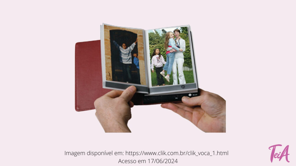 Álbum de fotografias ou imagens com 20 páginas que permite a gravação de uma mensagem individual de até 10 segundos em cada página.