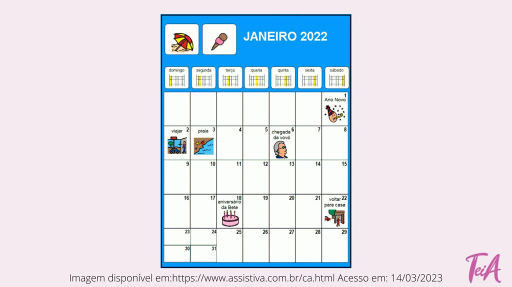 Neste calendário os eventos são representados com símbolos e imagens para facilitar a comunicação e visualização.