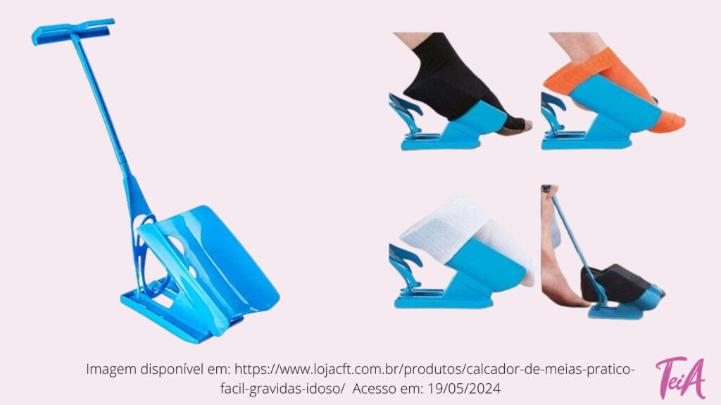 Para usar coloque a sua meia no berço, abaixe o suporte ao chão e deslize o pé para dentro. Com o gancho segure a base enquanto coloca o pé dentro da meia.