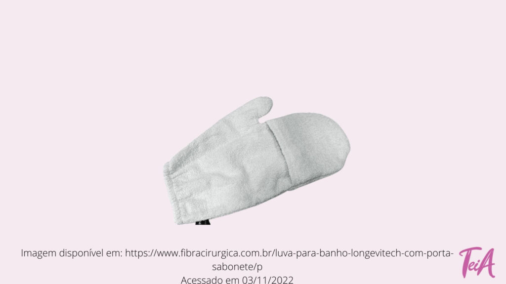 Luva para banho com porta sabonete, auxiliando no próprio banho ou de pacientes acamados e com mobilidade reduzida.