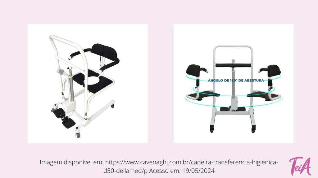 Realiza giro de 360º sobre o próprio eixo, possibilitando o acesso a ambientes difíceis e pequenos. Cadeira de transferência, cadeira higiênica e cadeira de transporte interno. Pessoa pode ficar na posição sentada para realização da transferência, não necessitando ficar em pé.