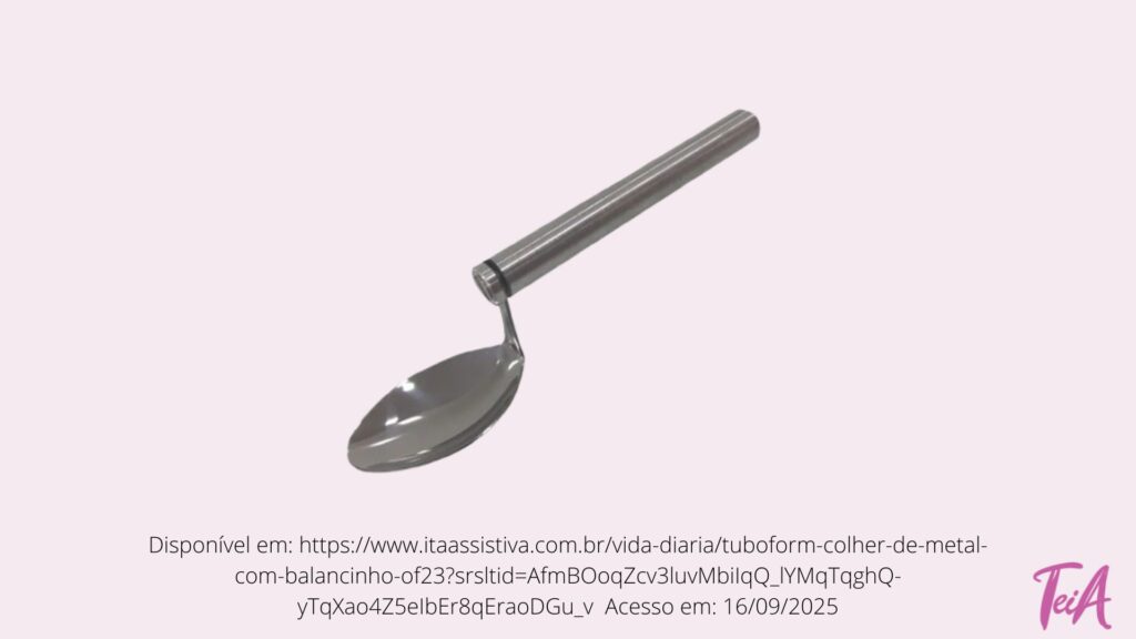 Colher que permite movimento de rotação da colher em relação ao cabo, evitando que o alimento caia do talher durante o uso para pessoas com tremores ou incoordenação nas mãos.